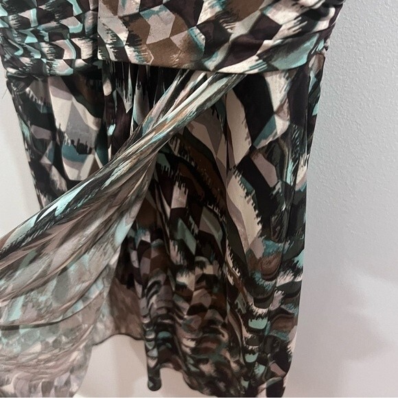 Flattering ruched brown tan and aqua wrap geometric print dress size 10 - Picture 4 of 8